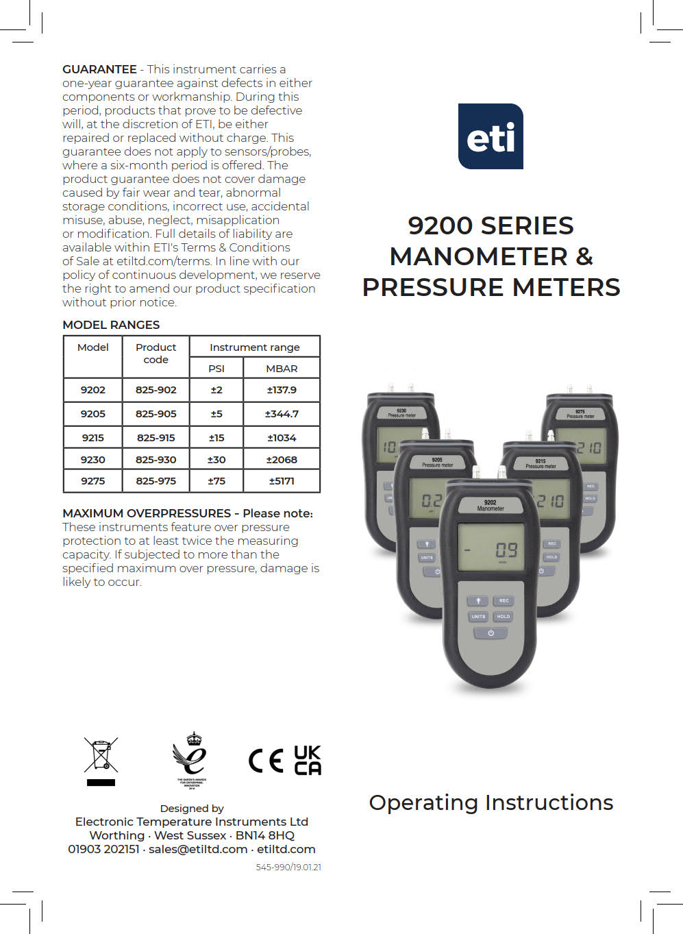 ETI รุ่น9275เครื่องวัดความดันแตกต่างมาโนมิเตอร์Pressure Meters for Differential pressure ±75Psi