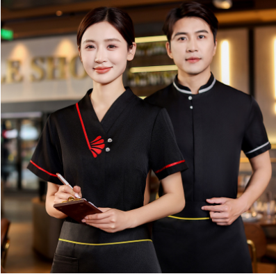เสื้อฟอร์มพนักงานร้านอาหารกาแฟโรงแรม แขนสั้น แดง น้ำเงิน เขียว L-4XL F6705009 เสื้อ+กันเปื้อน ** ขั้นต่ำ 2 ตัว