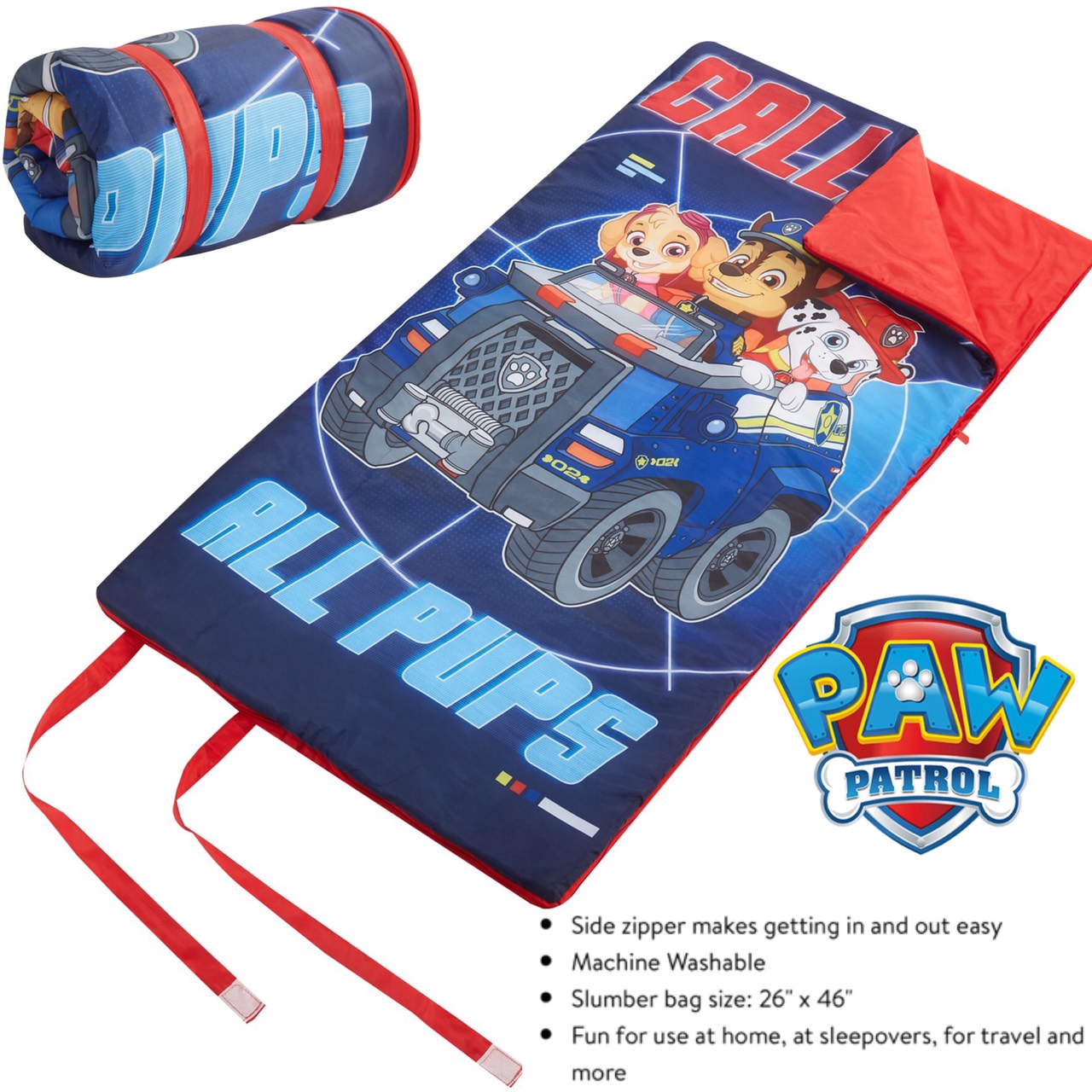 ถุงนอน ลายพาวพาโทร พร้อมสายรัดเก็บในตัว ลิขสิทธิ์แท้นำเข้าอเมริกา Paw Patrol Kids Slumber Bag, Machine Washable w/ Side Zipper, Chase & Marshall
