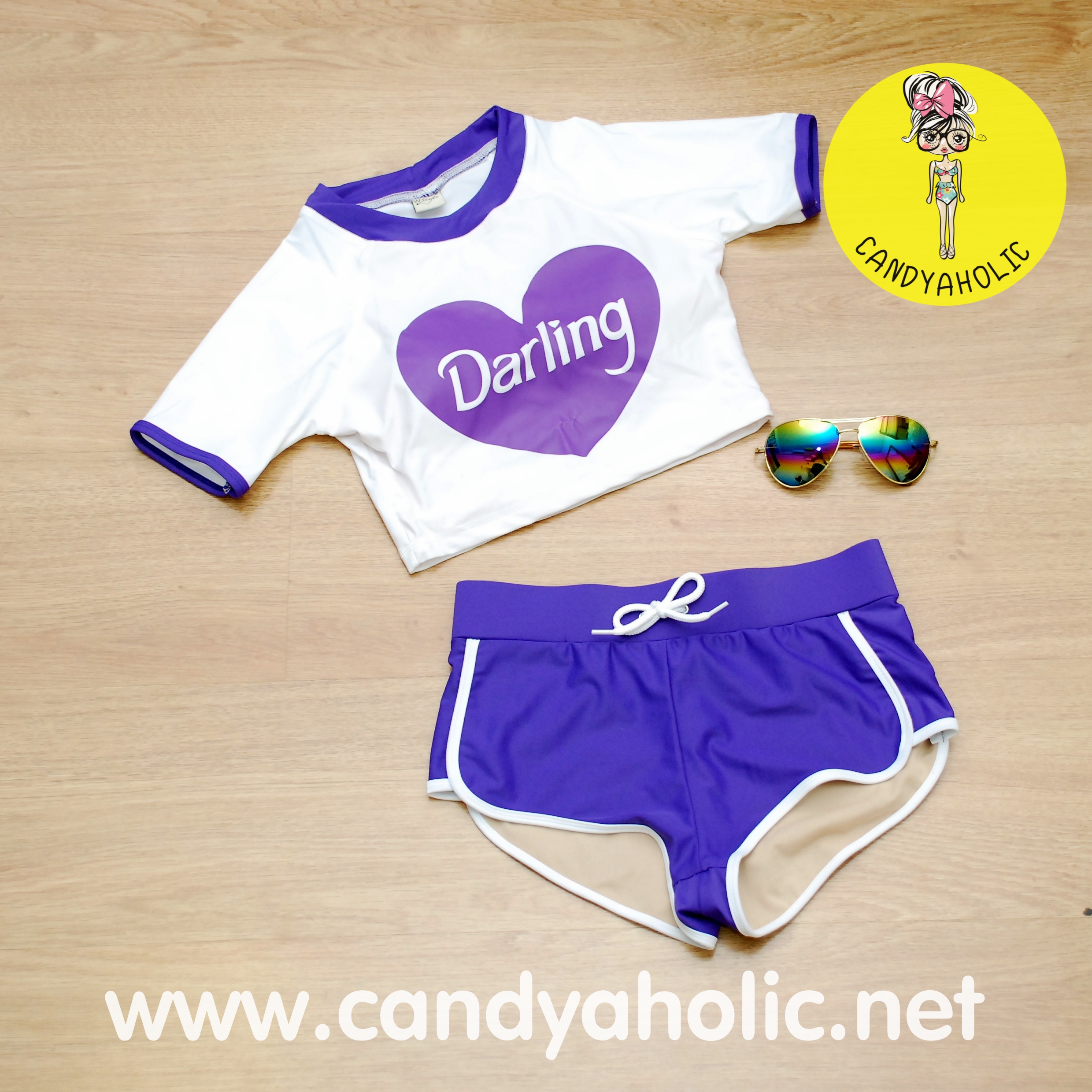 (Size S,M) ชุดว่ายน้ำ แขนสั้น darling สีขาว,ม่วง