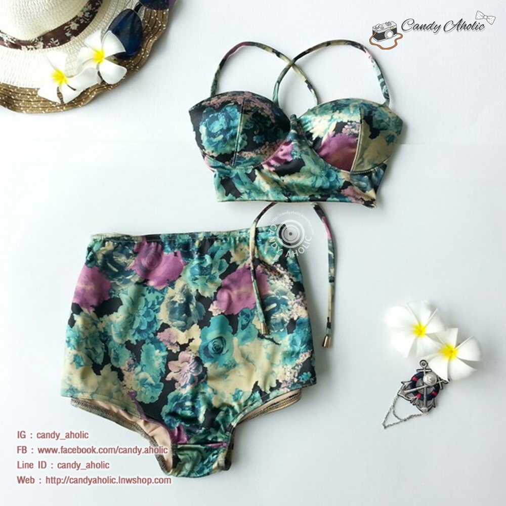 [Size S,M] ชุดว่ายน้ำทูพีช บราถักหลังลายดอกกุลาบเขียว ผ้ามันเงา กางเกงเอวสูง