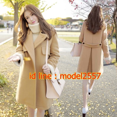 CW6109001 เสื้อโค้ทเกาหลีตัวยาวผ้าผสมขนสัตว์ฤดูหนาวสีดำและน้ำตาลอ่อนปกสูท ดำ น้ำตาลอ่อน S M L XL CW6109001 ตัว