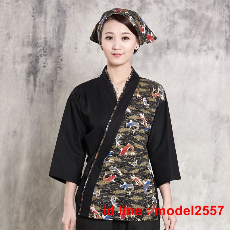 ชุดผ้าฝ้ายซูชิกิโมโนสไตร์ญี่ปุ่น สำหรับห้องอาหารญี่ปุ่นเกาหลี เสื้อพนักงานต้อนรับ F6101010 เสื้อตัวเดียว