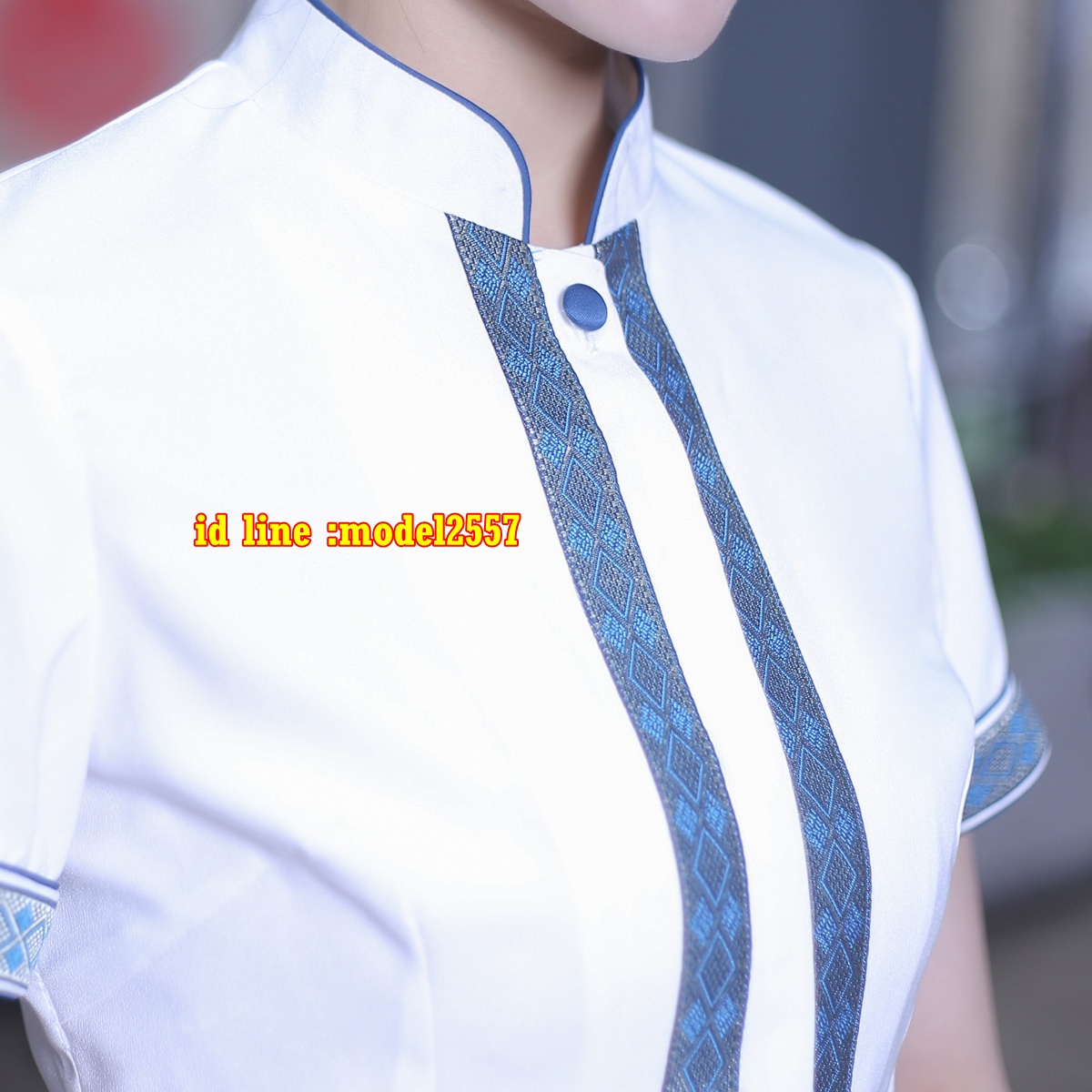 F6109004 เสื้อพนักงานต้อนรับพนักงานเสริฟเสื้อพนักงานโรงแรมนรีสอร์ทคอจีน ฟ้า ขาวแดง S M L,XL,XXLม3ปส F6109004 ตัว