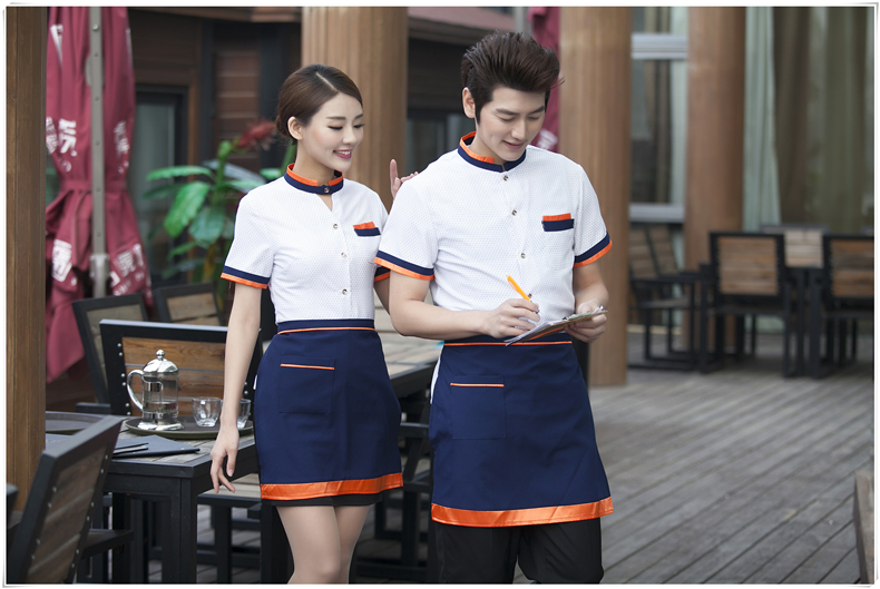 F5906009 เครื่องแบบชุดฟอร์มพนักงานร้านอาหารกาแฟโรงแรม แขนสั้นผ้าฝ้ายกระดุมหน้า (พรีออเดอร์) รอสินค้า 3 อาทิตย์หลังโอน F5906009 ตัว