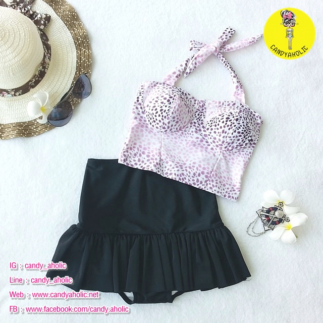 (free size) ชุดว่ายน้ำ ทูพีช ลายเสือดาวสีชมพู บราเป็นแบบสวมเต็มตัวไม่โป้ กระโปรงสีดำ