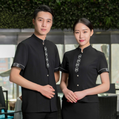 เสื้อฟอร์มพนักงานร้านอาหารกาแฟโรงแรม แขนสั้น ดำ แดง M-3XL F6708006 เสื้อ+เปื้อน* ขั้นต่ำ 2 ตัว
