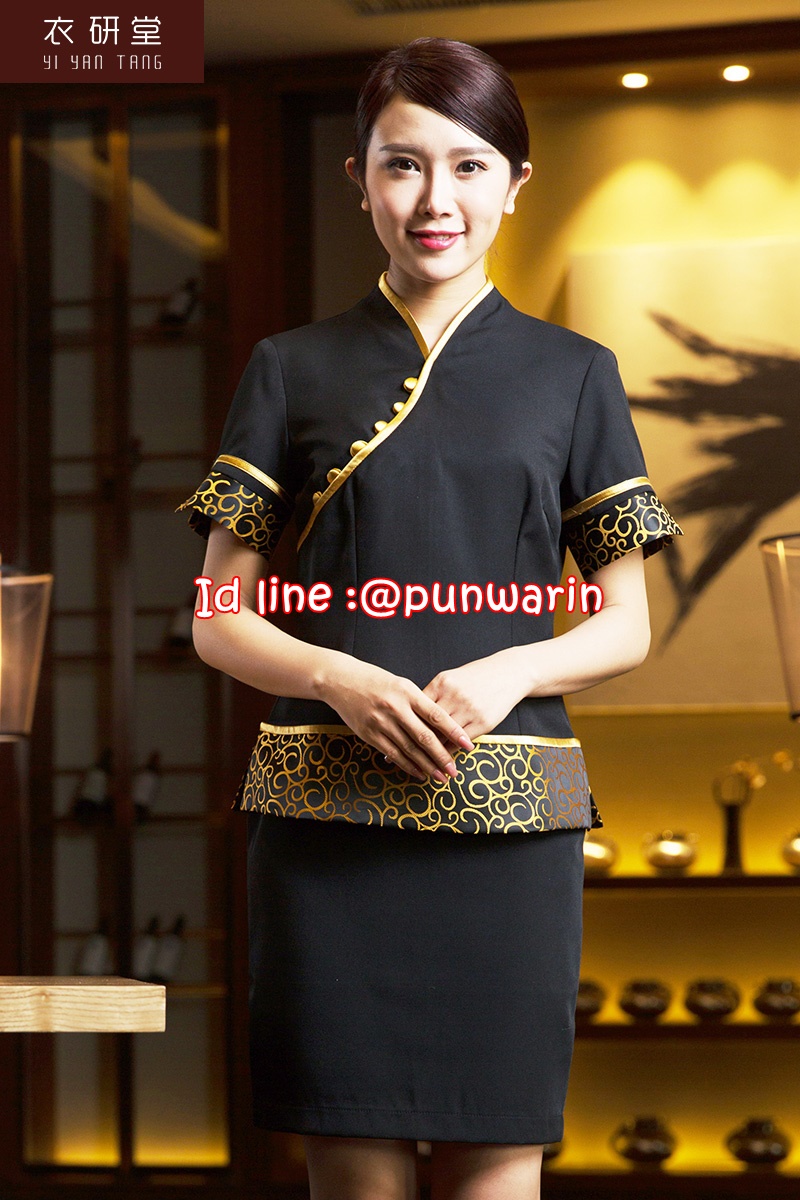เครื่องแบบชุดฟอร์มพนักงานร้านอาหารกาแฟโรงแรม แขนสั้นผ้าฝ้ายคอจีน ดำ S-2XL F6008003 ตัว