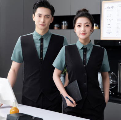เสื้อฟอร์มพนักงานร้านอาหารกาแฟโรงแรม แขนสั้น เทา แดง เบจ เขียว L-6XL F6705017 เสื้อกั๊กในตัว ** ขั้นต่ำ 2 ตัว