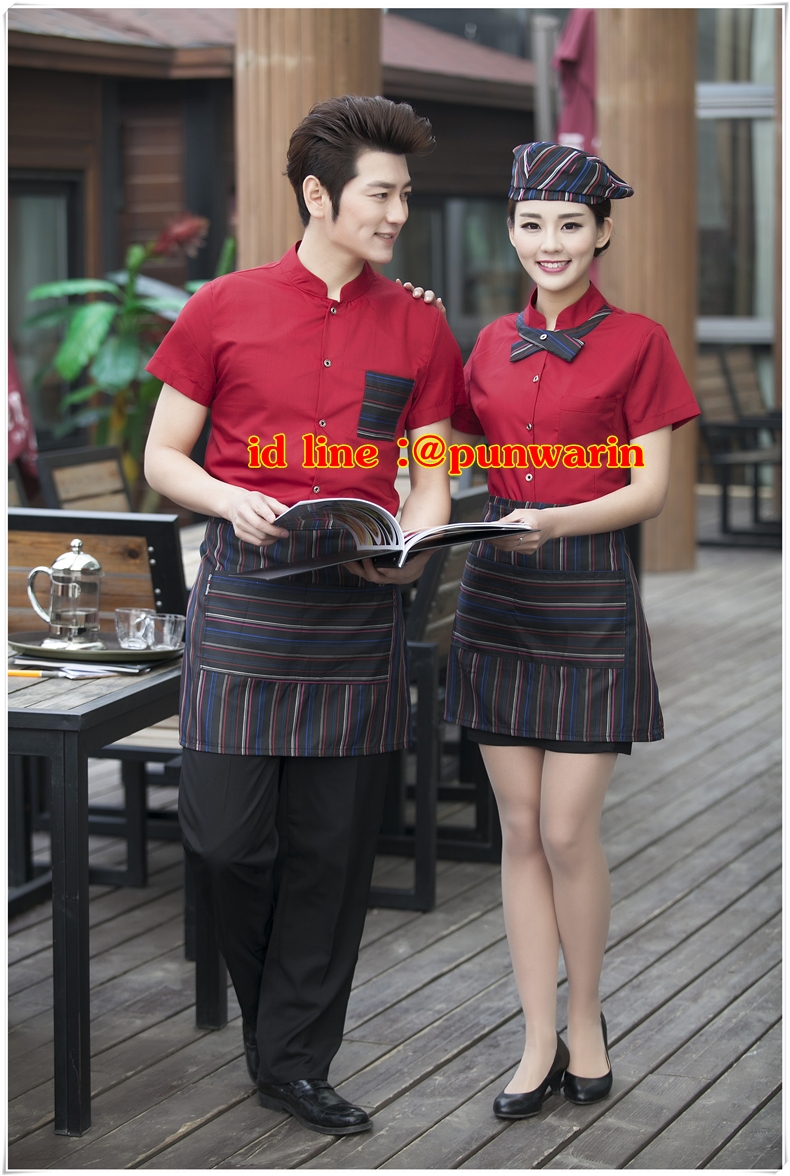 F6012015 เครื่องแบบชุดฟอร์มพนักงานร้านอาหารกาแฟโรงแรม แขนสั้นผ้าฝ้ายกระดุมหน้า แดง ดำ เขียว L-3XL F6012015 เสื้อ+กันเปื้อน