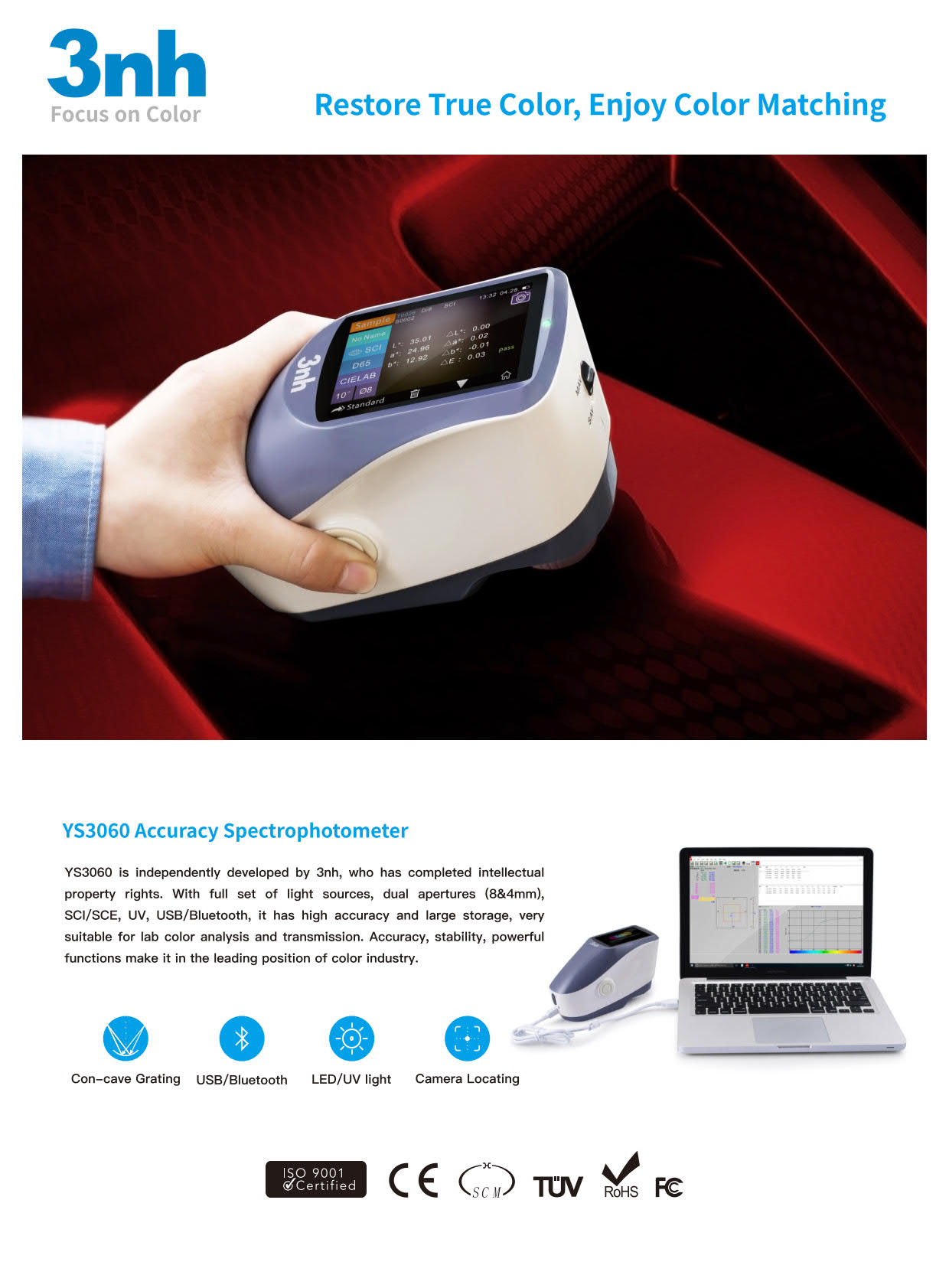 3nh รุ่นYS-3020เครื่องวัดสเปกโตรมิเตอร์แบบมือถือพกพาสะดวกColor Spectrophotometer with Customized Aperture/Range:400～700nm