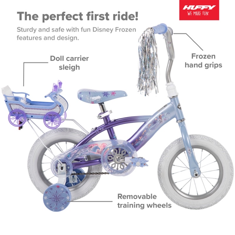 นำเข้า🇺🇸 จักรยานเด็กลายเจ้าหญิงดิสนี่ย์ โฟรเซ่น Disney Frozen 12" Girls Bike with Doll Carrier by Huffy ขนาดล้อ 12 นิ้ว