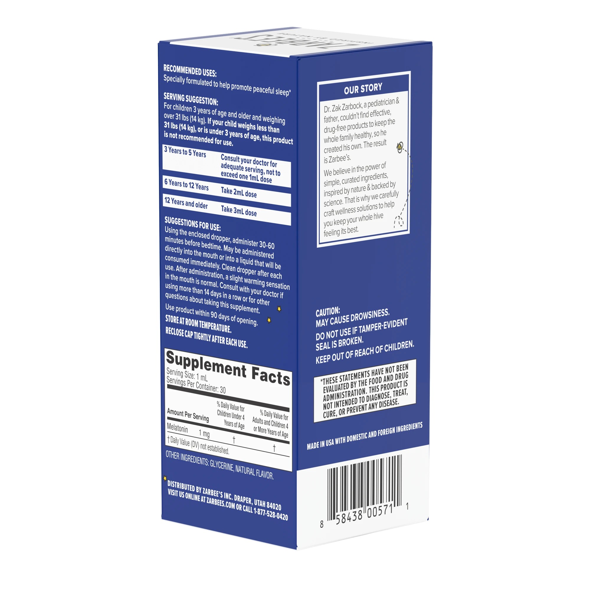 เมลาโทนินสูตรพิเศษชนิดน้ำ สำหรับเด็ก Zarbee's Naturals Children's Sleep Liquid with Melatonin Natural Berry Flavor 1 oz