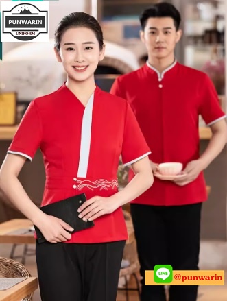 ชุดพนักงานร้านอาหารร้านกาแฟโรงแรมรีสอร์ต แขนสั้น แดง กรม ฟ้า เขียว L-5XL FC6701004 เสื้อ **ไม่มีขั้นต่ำ