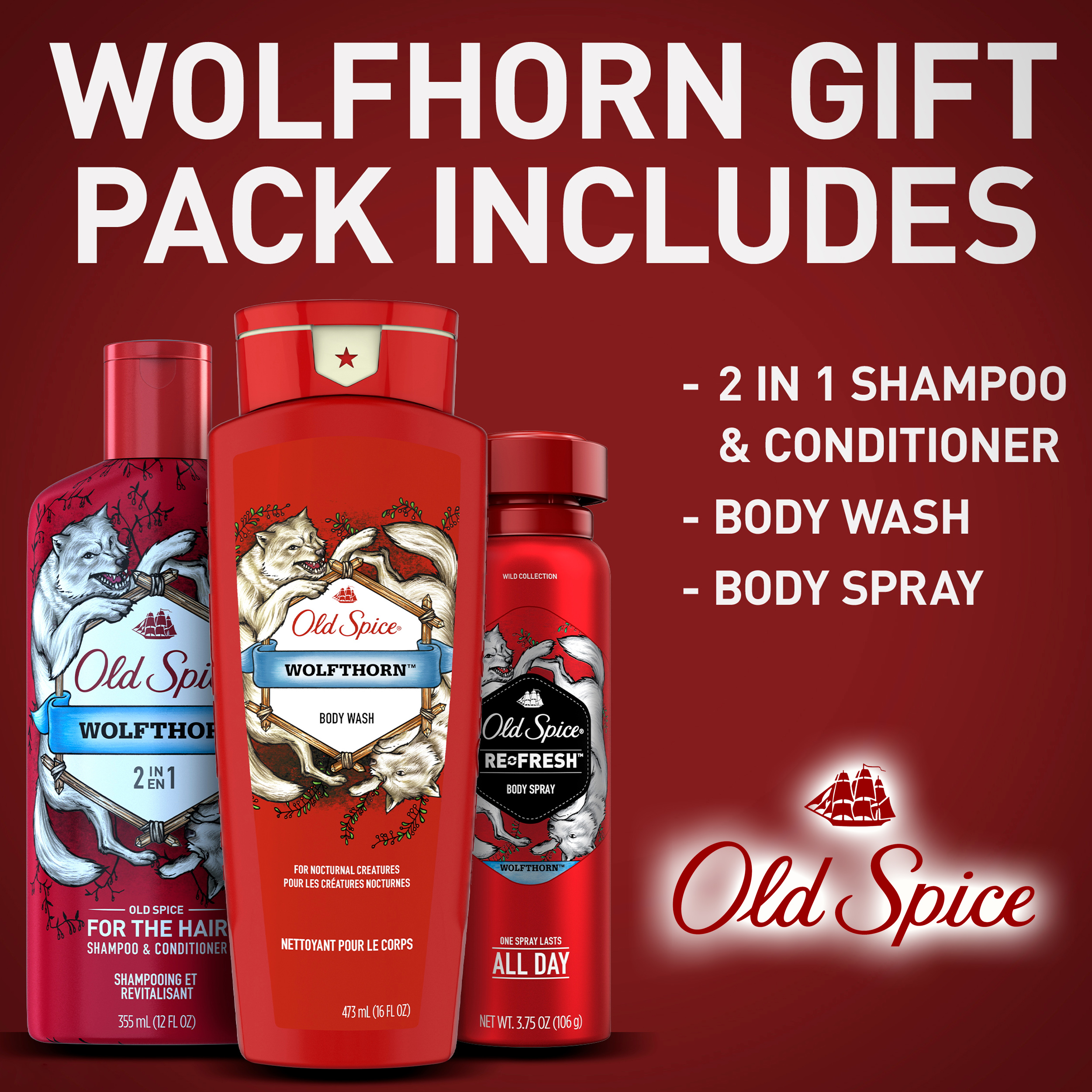 เซ็ทเจลอาบน้ำ สระผม Old Spice Wolfthorn 3 Piece Mens Gift Set, Shower Gel and Deodorant Spray ราคา 790 บาท รวมส่ง