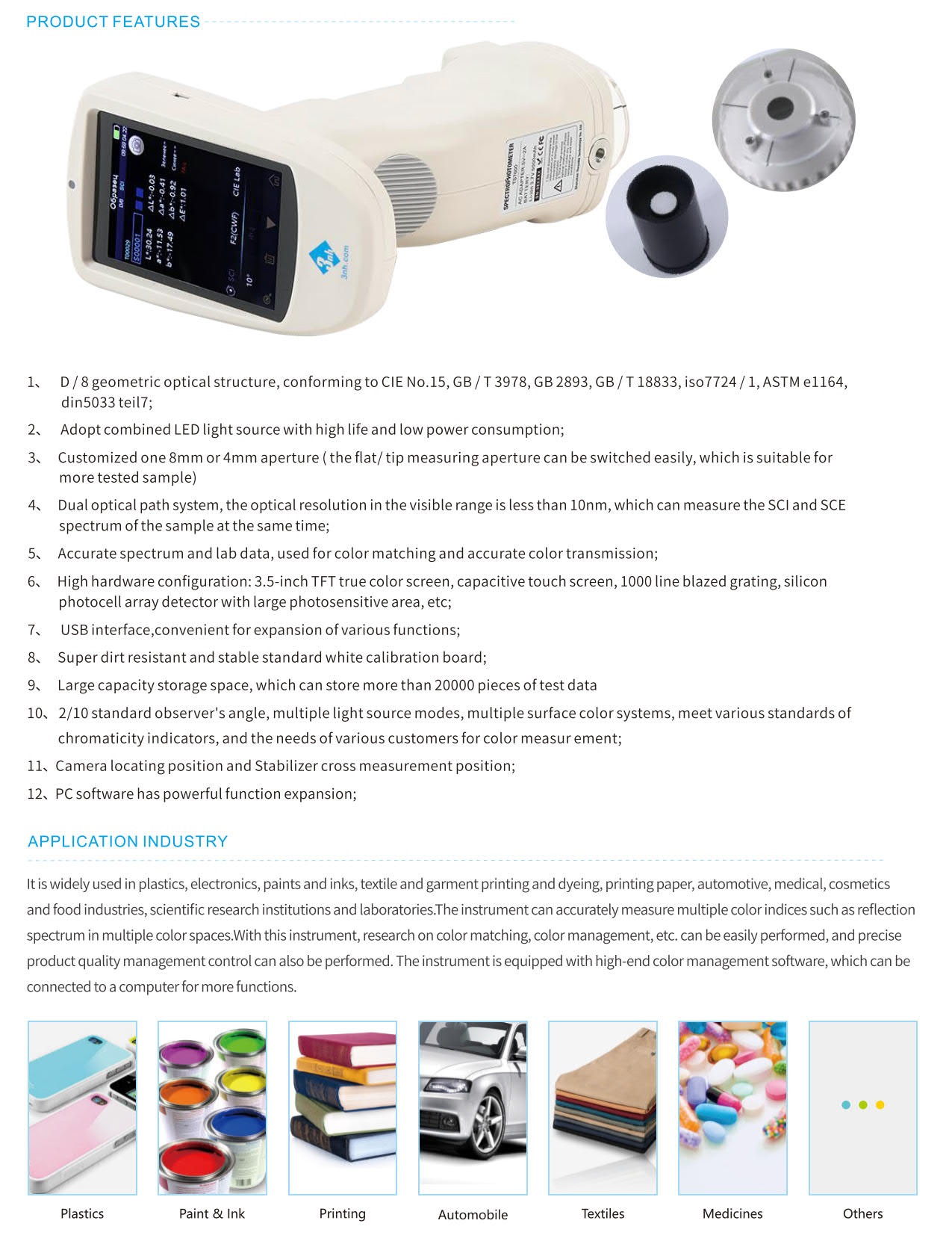 3nh รุ่นTS7600เครื่องสเปกโทรโฟโตมิเตอร์รองรับบลูธูทแบบพกพาHandheld Spectrophotometer Geometry:D/8°,1Aperture:Ø8/Ø4,Range:400～700nm