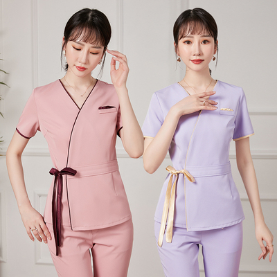 ชุดพนักงานนวดสปา ชุดพนักงานเสริมสวย ชุดทำงาน ชุดสูท ชมพู กรมท่า ม่วง S-4XL S6308009 ชุด