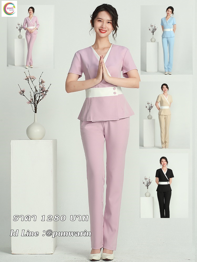 ชุดพนักงานนวดสปา ชุดพนักงานเสริมสวย ชุดพนักงานคลีนิคความงาม ชุดพนักงานคลีนิคศัลยกรรม สีภาพ S-4XL S6309008 ชุด