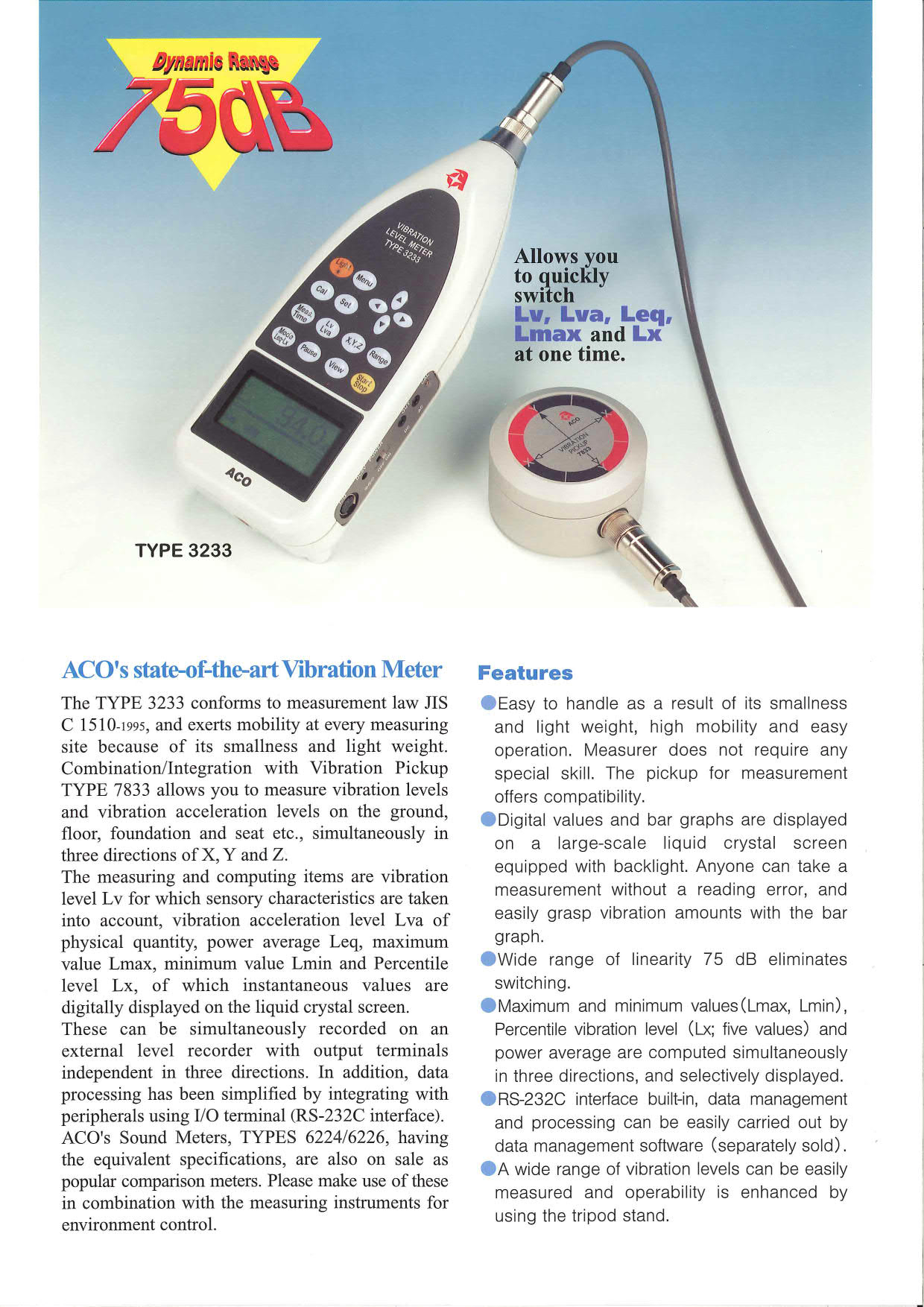Aco รุ่น TYPE 3233(dB) เครื่องวัดแรงสั่นสะเทือนแบบดิจิตอล /Vibration Level Meter TYPE 3233