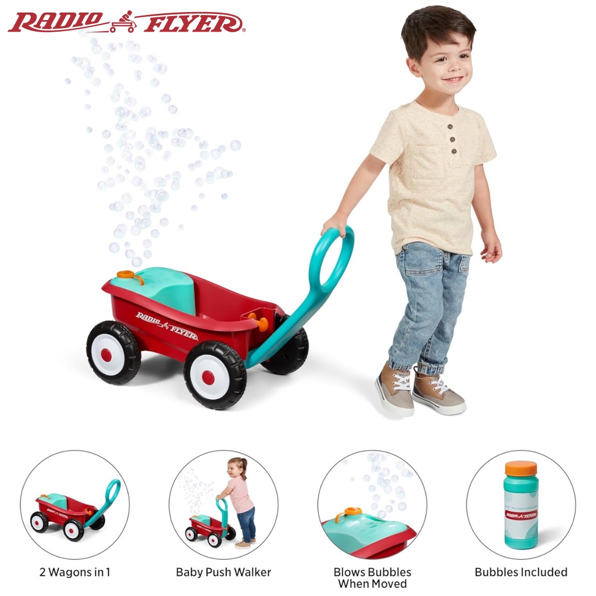 ใหม่ล่าสุด✨นำเข้าเองจาก🇺🇸 ของแท้ 💯Radio Flyer Bubble Buddy Walker Wagon, เครื่องทำฟองสบู่สำหรับเด็ก,รถหัดเดินเด็กสีแดงพร้อมล้อสำหรับอายุ 1-4 ปี ราคา 2690 บาท