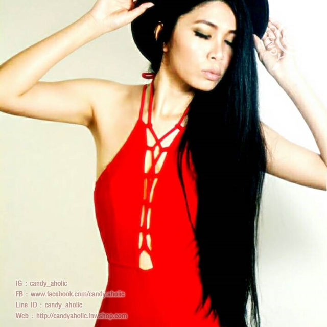 [Size S,M] ชุดว่ายน้ำวันพีช สีแดงประกายมุขถักหน้ามีฟองน้ำในตัว โชว์ถักหลัง ช่วยเน้นสัดส่วน