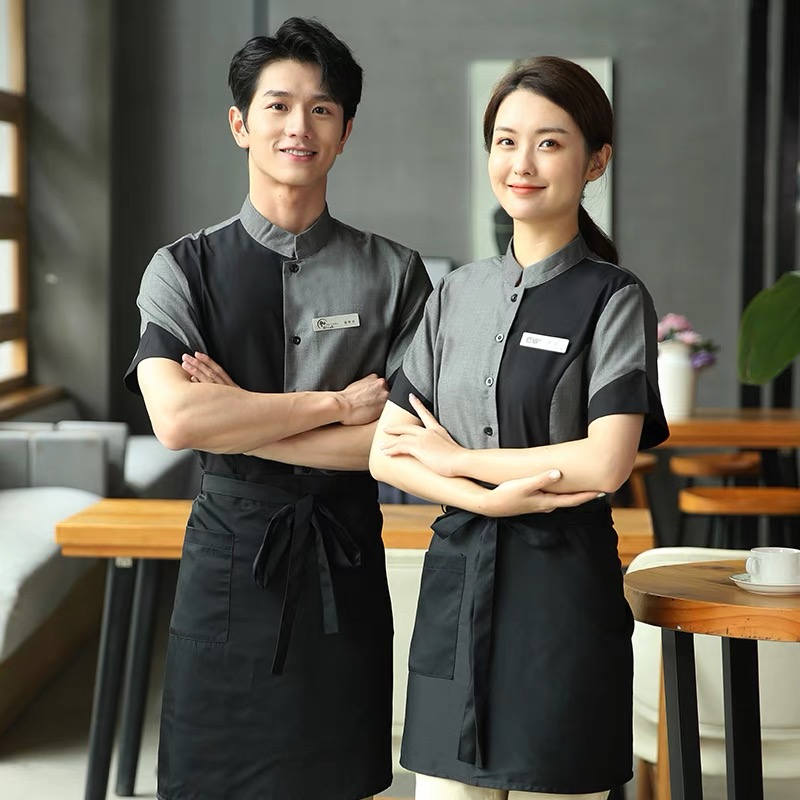 เสื้อฟอร์มพนักงานร้านอาหารกาแฟโรงแรม แขนสั้น เทา L-4XL FL6708001 เสื้อ* ขั้นต่ำ 2 ตัว