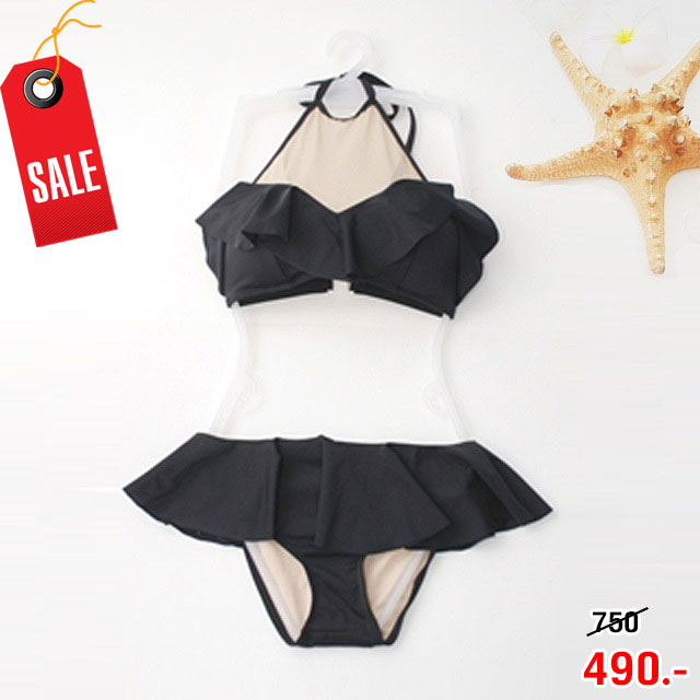 (Size S,M) ชุดว่ายน้ำทูพีช ตะขอเกี่ยวหลังและผูกคอ มีซีทรูช่วงอก บราระบายสีดำ กางเกงเอวต่ำมีระบาย