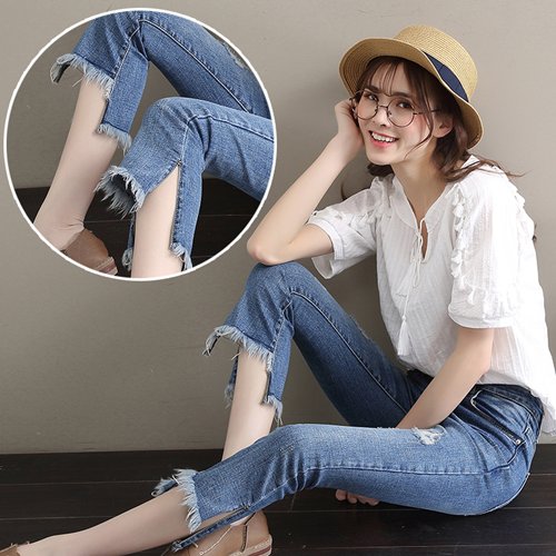 JW6009001 กางเกงยีนส์หญิงยืดเอวสูงขาดเซอร์ขาม้า (พรีออเดอร์) รอ 3 อาทิตย์หลังโอนเงิน JW6009001 ชิ้น