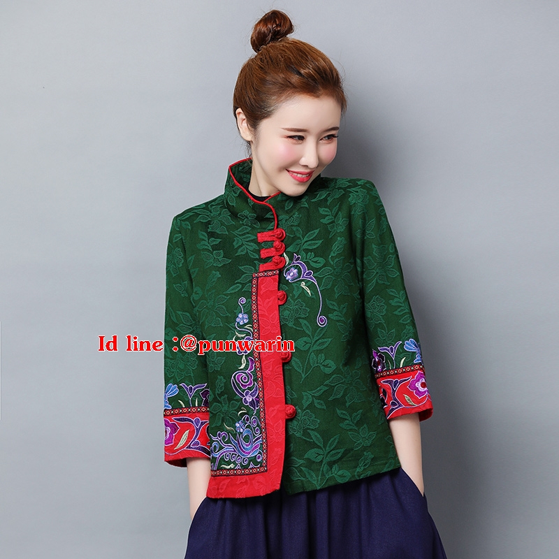 เสื้อยืดเกาหลี แขนยาวสีแดงโมฮีเมียนแต่งงานเย็บปักถักร้อย สำหรับผู้หญิงวัยกลางคน แดง เขียว ดำ M-2XL UM6210002 ตัว