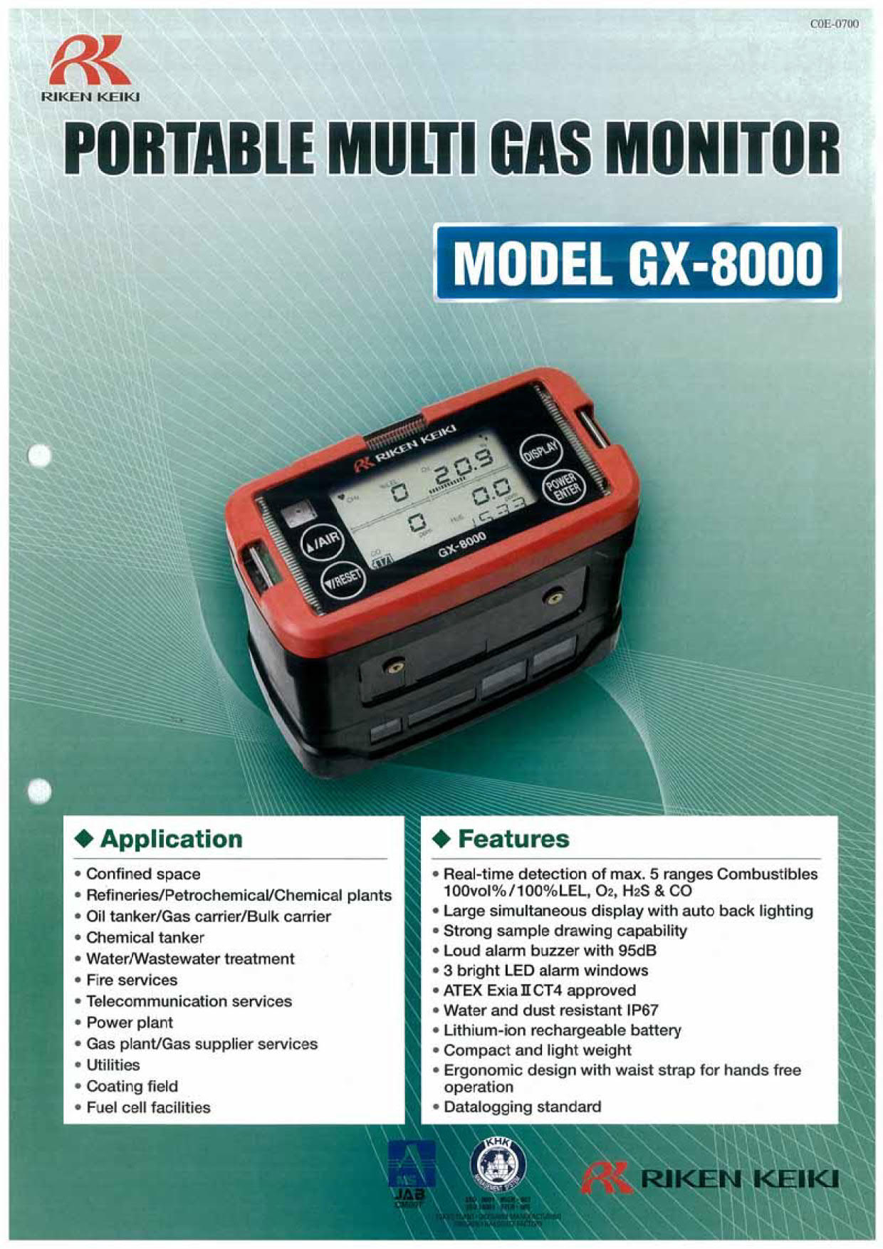 Riken รุ่นGX-8000-Aเครื่องตรวจวัดจับการรั่วไหลของก๊าซแบบพกพา,Portable Multi Gas Detector,Gas Monitor GX-8000(Type-A)