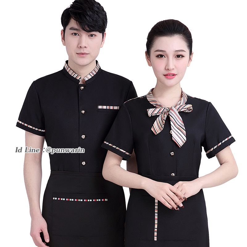 เสื้อพนักงานต้อนรับพนักงานเสริฟเสื้อพนักงานโรงแรมนรีสอร์ทเสื้อเชิ๊ตคอปกแขนสั้น ดำ แดง น้ำเงิน M-3XL F6309003 เสื้อ+เปื้อน