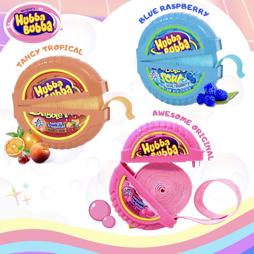 NEWเคี้ยวสนุกเคี้ยวเพลิน🫧 ร้านนำเข้าเองจาก🇺🇸 Hubba Bubba Bubble Tape หมากฝรั่งตลับเทป 3 รสชาติแบ่งขายของแท้ 100% ราคา 150 บาท/ชิ้น