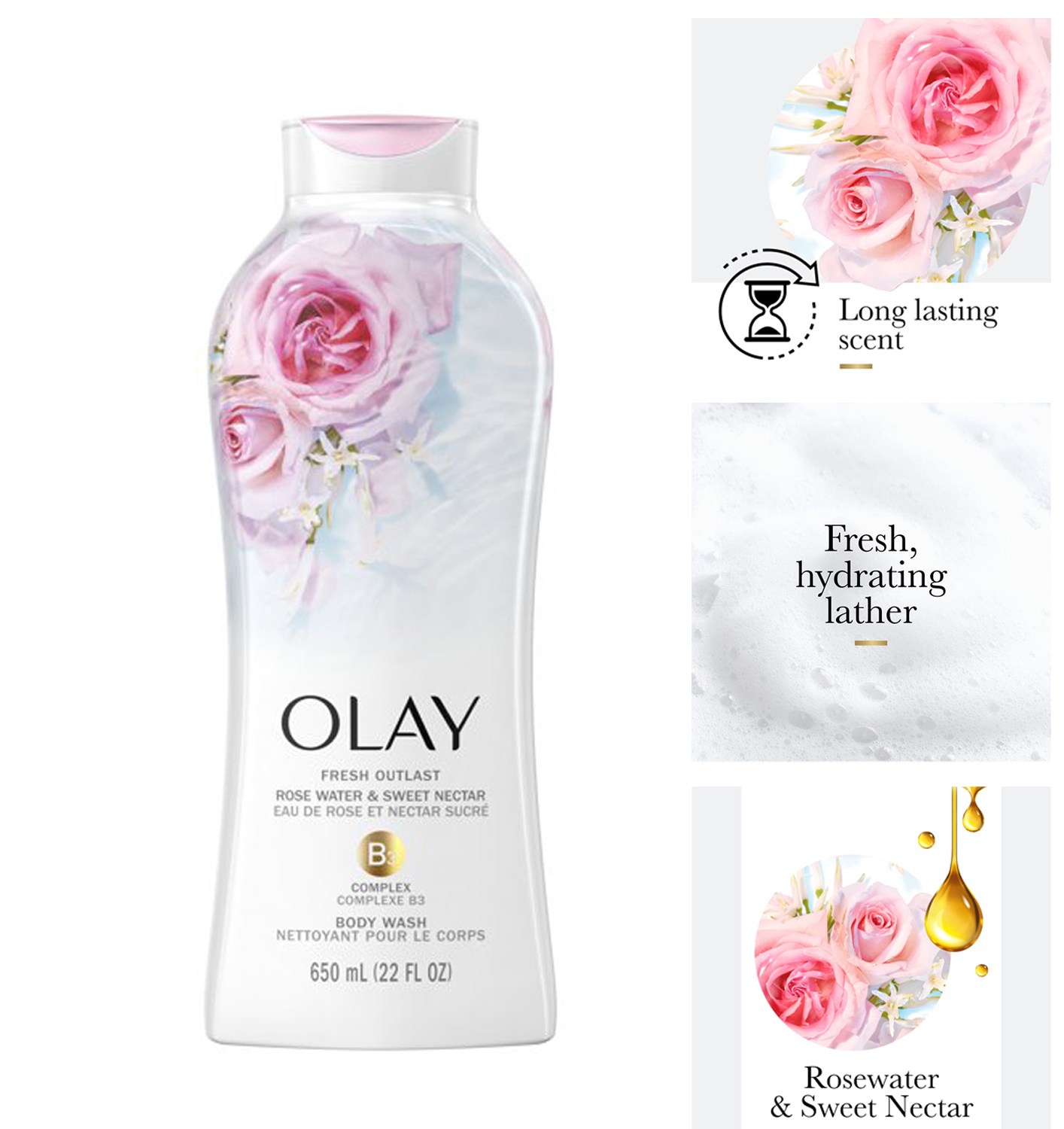 Olay Fresh Outlast Body Wash with B3, Rose Water and Sweet Nectar, 22 Fl Oz