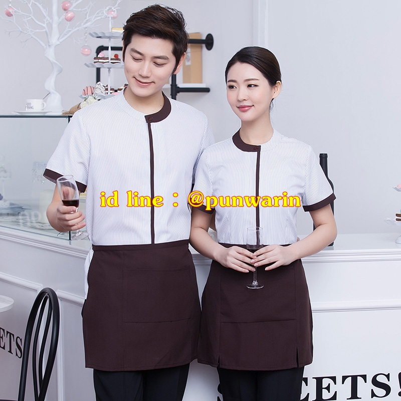 เสื้อฟอร์มพนักงานเครื่องแบบชุดฟอร์มพนักงานร้านอาหารกาแฟโรงแรม แขนสั้นผ้าฝ้ายกระดุมหน้า แดง น้ำตาล ม่วง L-3XL F6211013 เสื้อ+ผ้ากันเปื้อน