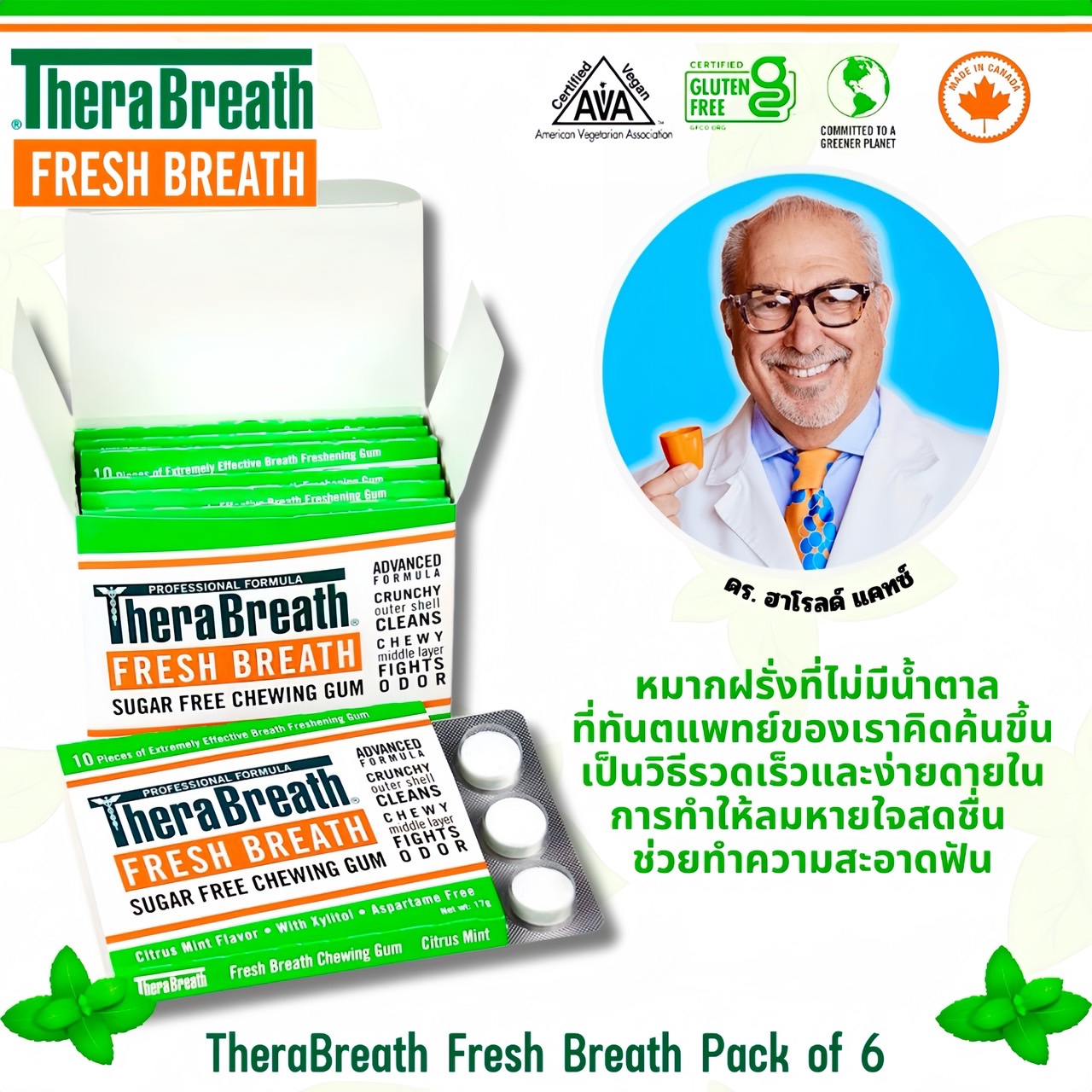 NEWหมากฝรั่ง นำเข้า🇺🇸 TheraBreath Fresh Breath Chewing Gum with ZINC, Citrus Mint Flavor, 10 Count - หมากฝรั่งTheraBreath ลมหายใจสดชื่นรสมิ้นต์ 10 เม็ด ราคา199 บาท/แผง
