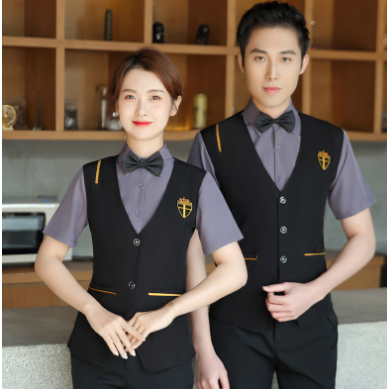 เสื้อฟอร์มพนักงานร้านอาหารกาแฟโรงแรม แขนสั้น เทา ขาว L-6XL F6705018 เสื้อกั๊กในตัว ** ขั้นต่ำ 2 ตัว