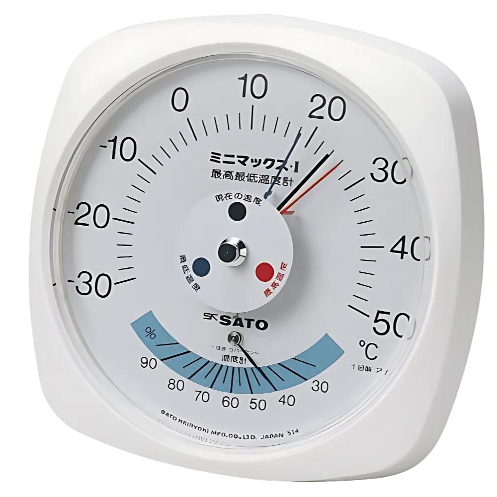 SK Sato รหัส MIN-MAX Type Ⅰ เครื่องวัดอุณหภูมิและความชื้นติดผนัง,Thermometer type I with hygrometer(Cat.No.7308-00)