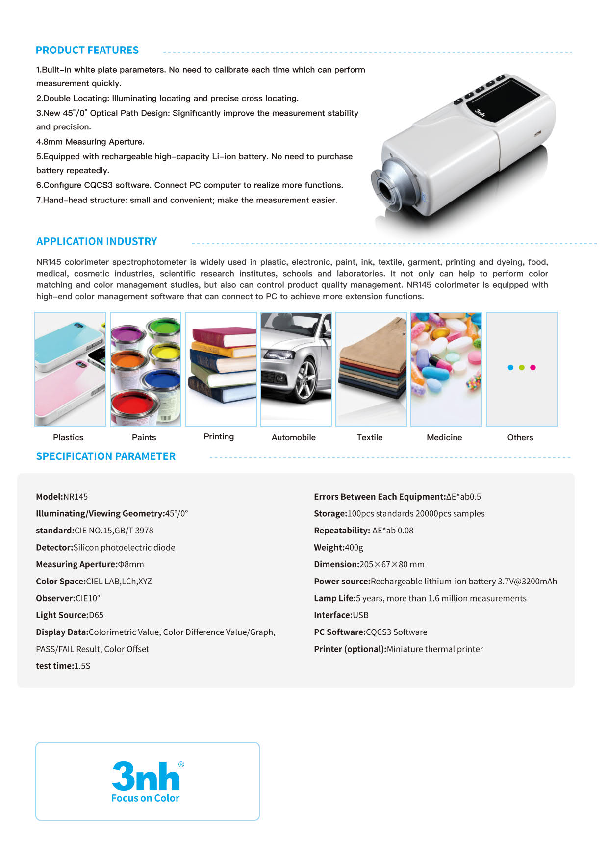 3nh รุ่นNR-145เครื่องวัดสีที่มีความแม่นยำสูงแบบพกพา(45°มุมการวัด)Precision Colorimeter,Geometry45°/0°,ApertureØ8mm