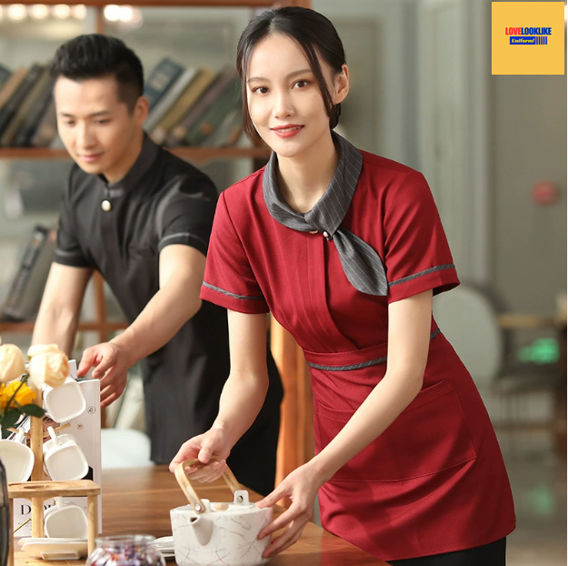เสื้อพนักงานต้อนรับ เสื้อพนักงานเสริฟ เสื้อพนักงานโรงแรม เสื้อพนักงานร้านอาหาร เสื้อพนักงานซุปเปอร์มาร์เก็ต เสื้อพนักงานร้านกาแฟ แดง ดำ ขาว M-4XL F6805002 เสื้อ