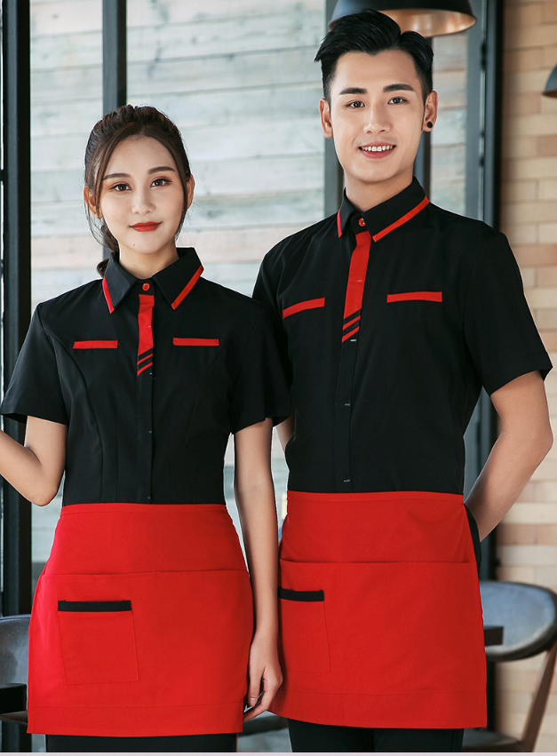 เสื้อฟอร์มพนักงานร้านอาหารกาแฟโรงแรม แขนสั้น แดง ดำ L-4XL F6705012 เสื้อ ** ขั้นต่ำ 2 ตัว