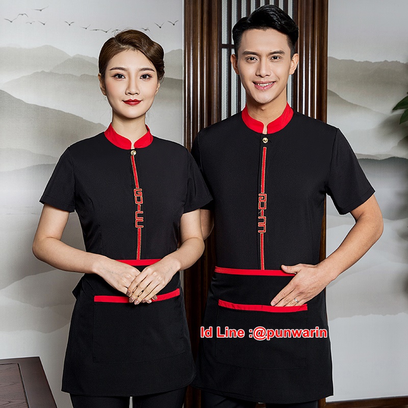 เสื้อพนักงานต้อนรับ เสื้อพนักงานเสริฟ เสื้อพนักงานโรงแรม เสื้อพนักงานร้านอาหารจีน ดำ,แดง,ม่วง L,XL,XXL,3XL F6307003 เสื้อ+ผ้ากันเปื้อน