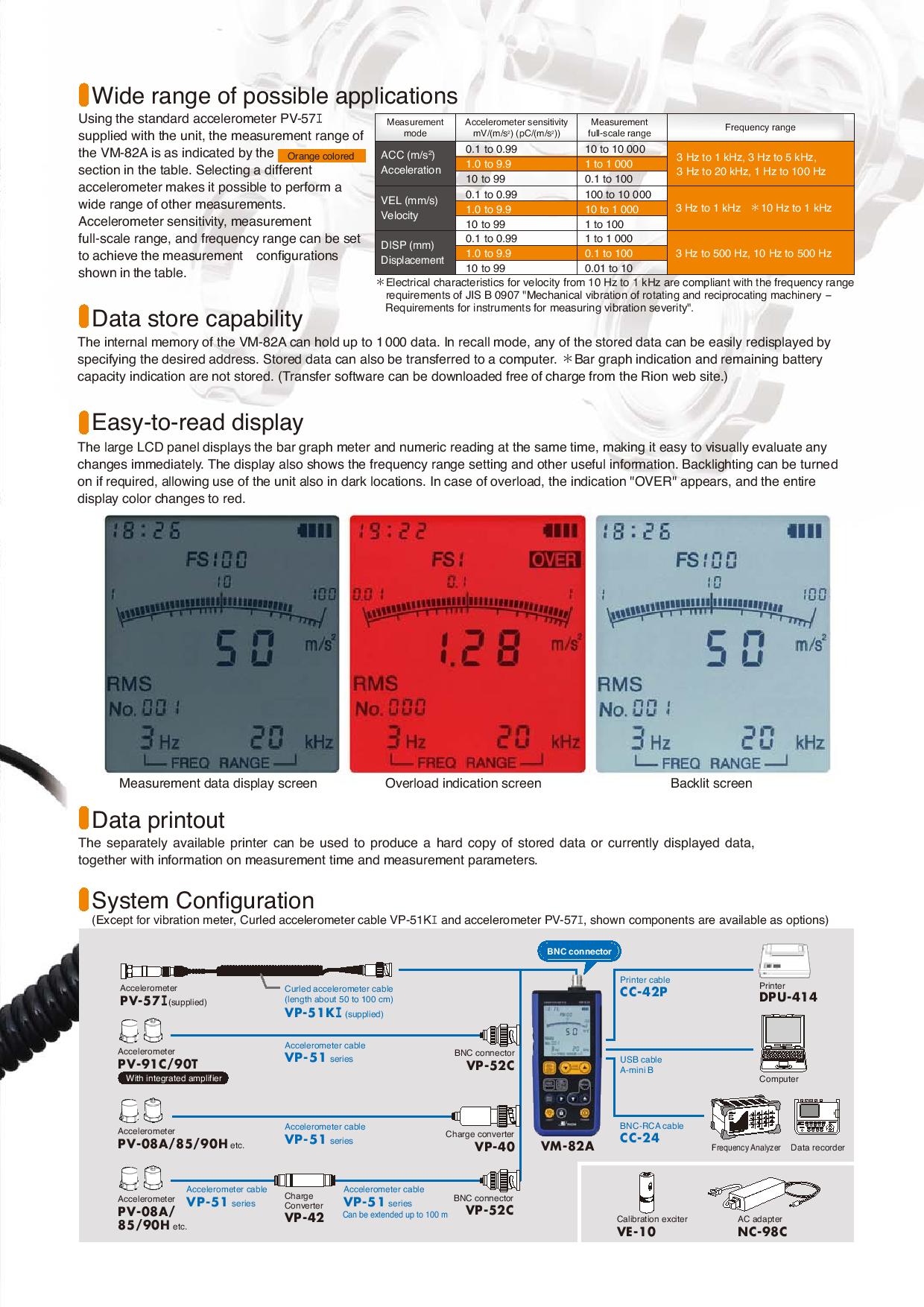 Rion รุ่น VM-82A เครื่องวัดความสั่นสะเทือนเอนกประสงค์ขนาดพกพามีโพรบพร้อมใช้งาน(PV-57I),General-purpose Vibration Mete,Frequency range:1Hz~5kHz