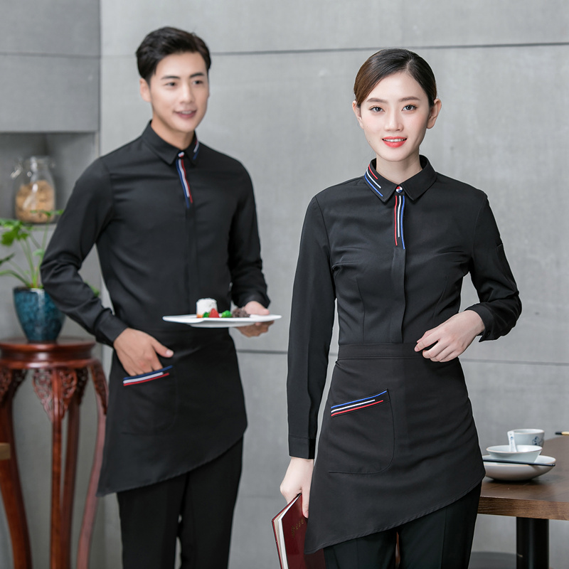 F6202004 เสื้อพนักงานต้อนรับ เสื้อพนักงานเสริฟ เสื้อพนักงานโรงแรม เสื้อพนักงานร้านอาหาร ดำ แดง เขียว ส้ม M-3XL F6202004 เสื้อ+ ผ้ากันเปื้อน