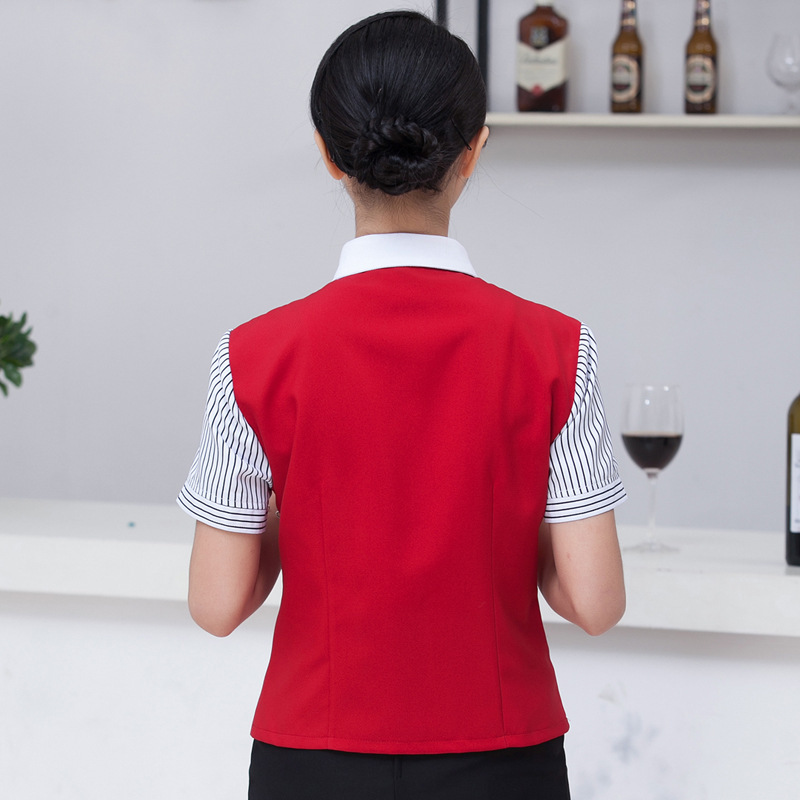 เสื้อฟอร์มพนักงานร้านอาหารกาแฟโรงแรม แขนสั้นผูกโบว์ไทด์ สำเนา แดง ดำ L,XL,XXL,3XL F6404002 เสื้อ+กันเปื้อน