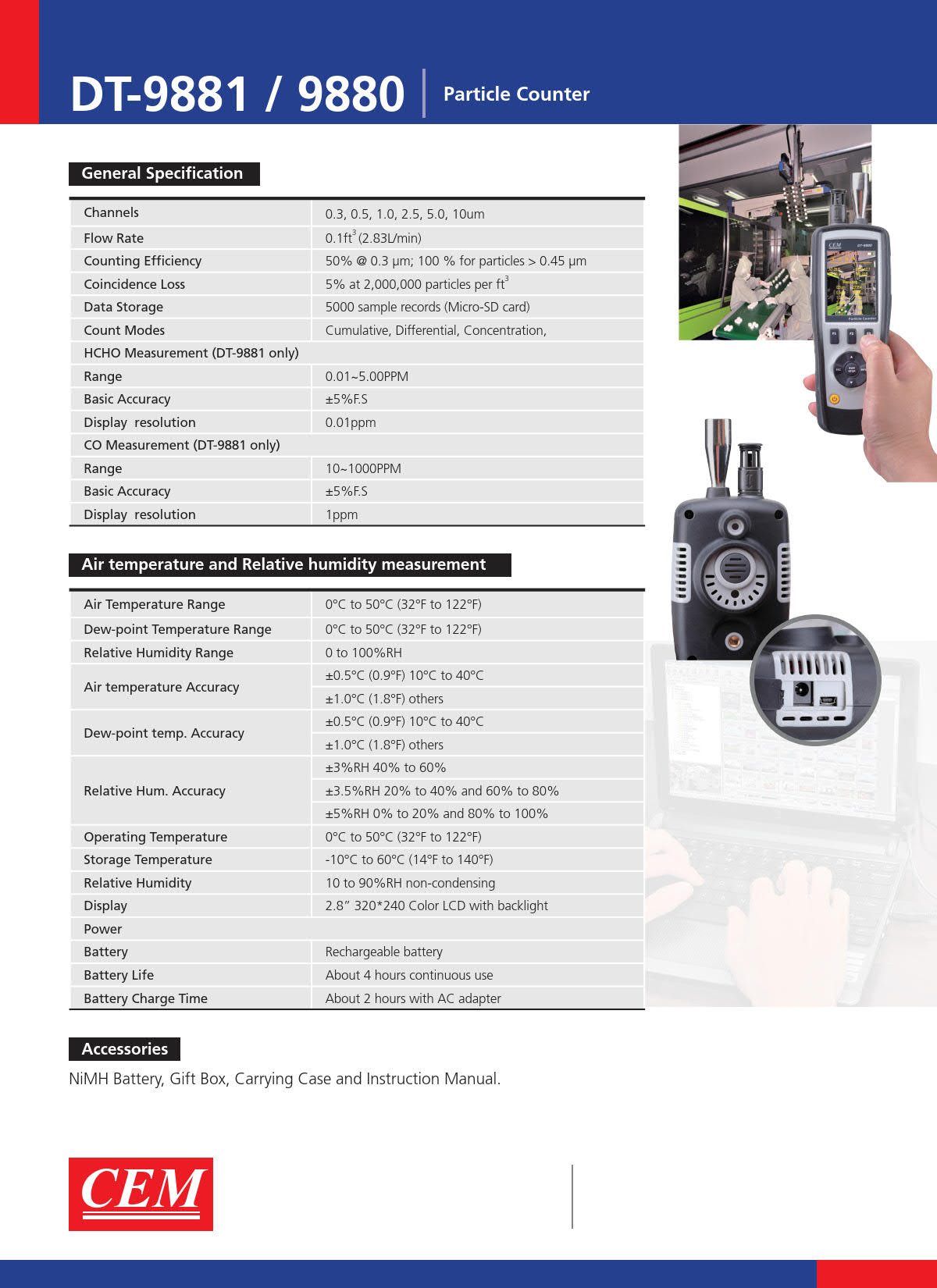 CEM รุ่นDT-9880เครื่องวัดฝุ่นละอองในอากาศ,Particle counter,Humidity.Meas.range:0～100%RH