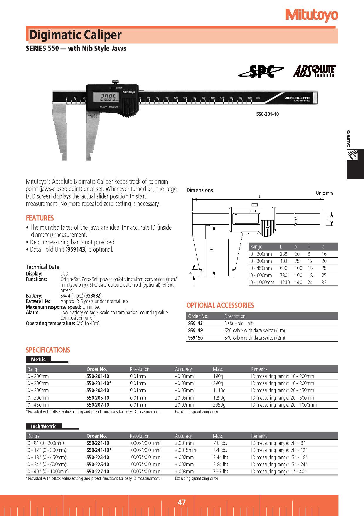 Digimatic Caliper SERIES 550 — wth Nib Style Jaws