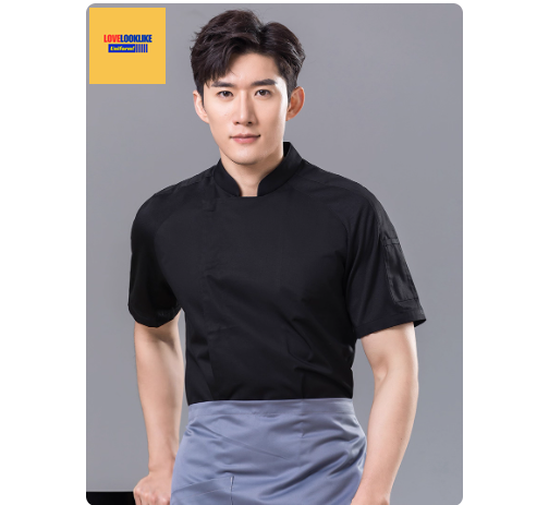 เสื้อเชฟมีตาข่ายระบายอากาศบริเวณไหล่และหลัง เสื้อพ่อครัว เสื้อแม่ครัว เสื้อพนักงานทำอาหาร เสื้อกุ๊ก เสื้อเชฟแขนสั้น ดำ ขาว M-4XL M6809001 ตัว