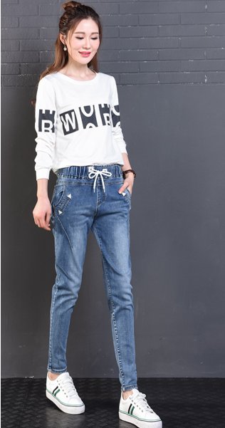 JW6006002ยีนส์ฮาเล็มขายาวทรงหลวมเอวยางยืด (พร้อมส่ง) ฟ้า น้ำเงิน 26-34 JW6006002 ตัว