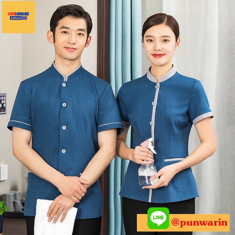 เสื้อพนักงานทำความสะอาด เสื้อแม่บ้าน เสื้อแม่บ้านโรงแรมรีสอร์ท เทา ฟ้า L-5XL D6509001 ตัว **2 ตัวขึ้นไป