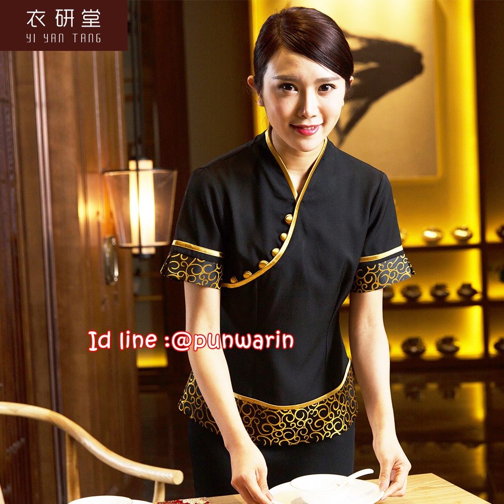 เครื่องแบบชุดฟอร์มพนักงานร้านอาหารกาแฟโรงแรม แขนสั้นผ้าฝ้ายคอจีน ดำ S-2XL F6008003 ตัว